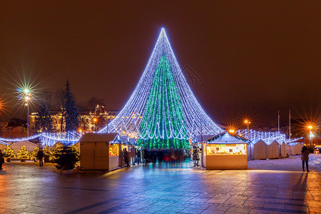 圣诞树晚上在维尔纽斯大教堂广场图片