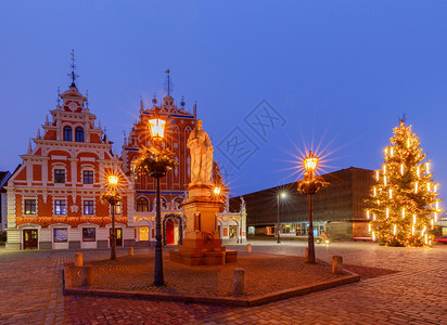 里加市政厅广场的圣诞树夜间照明的市政厅广场圣诞树拉脱维亚图片