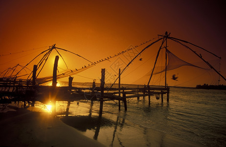 印度喀拉邦省科奇市附近的渔网图片