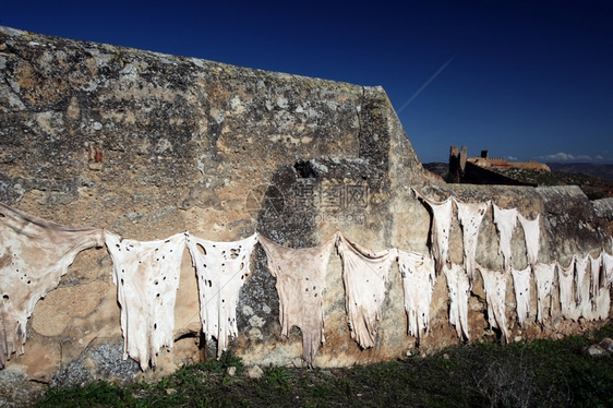 在北部非洲摩洛哥历史悠久的Fes镇旧城墙前皮革生产在附近的太阳上新鲜皮革干燥图片