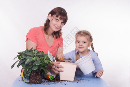 母亲带着女儿玩植物盆图片