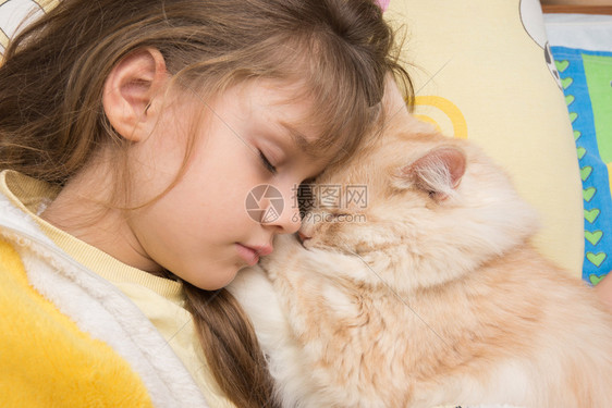 一个女孩和只猫睡在床上互相埋图片