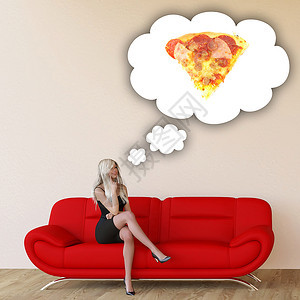 妇女爱吃披萨思考食物图片