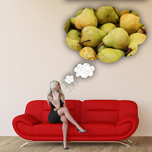 妇女打梨子和思考食用物图片