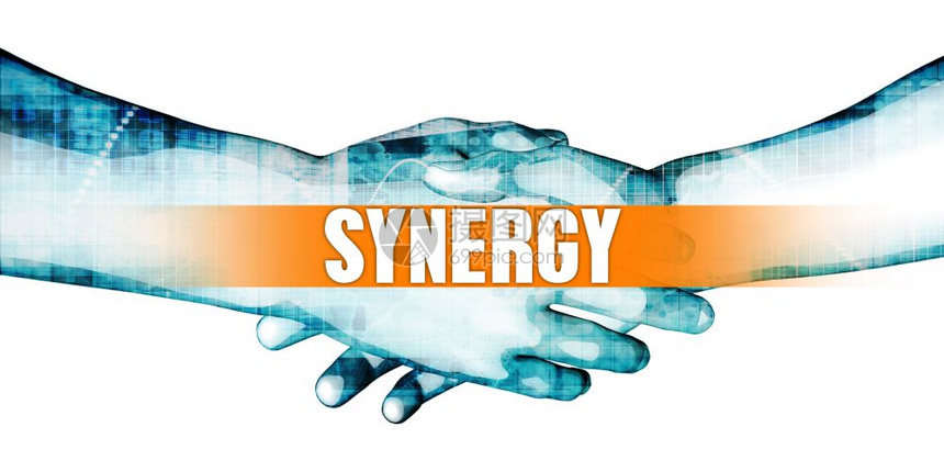 在白色背景上与商人握手的协同效应概念