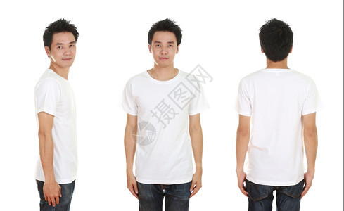 男子用白色背景孤立的空白T恤衫图片