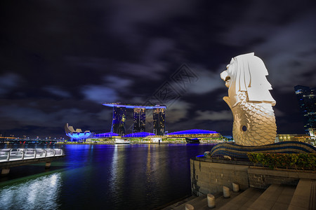 新加坡市Merlion公园夜间图片