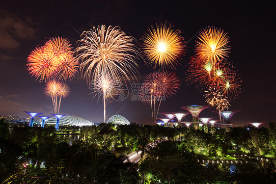 晚上在海湾旁的花园上放着美丽的烟花晚上亮着灯光新加坡图片