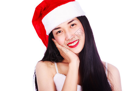 穿着圣诞老人服装的快乐女被白种背景孤立图片