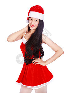 穿着圣诞老人服装的快乐女被白种背景孤立图片
