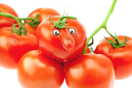 长着鼻子的西红柿和白上孤立的一帮西红柿图片