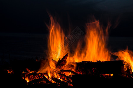 海滩黄昏时的营火图片