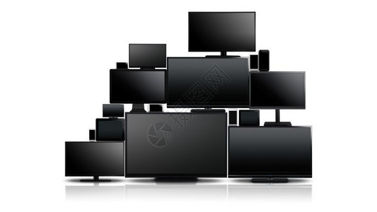 许多不同类型的屏幕电视计算机监器智能手机和平板电脑它们互相放置在白色背景上隔开的堆叠中它们都用黑色屏幕关闭许多不同的屏幕类型图片