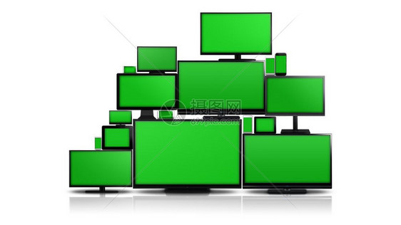 许多不同类型的屏幕电视计算机显示器智能手机和平板电脑它们互相放在一块白色背景的隔离堆中它们都有一个绿色屏幕许多不同种类的绿色屏幕图片