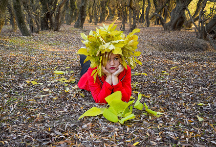 女孩躺在秋天的树叶上女孩穿着红色夹克有黄秋叶花圈天女王小姐散步女孩躺在秋天的树叶上女孩穿着红色夹克秋天小姐图片