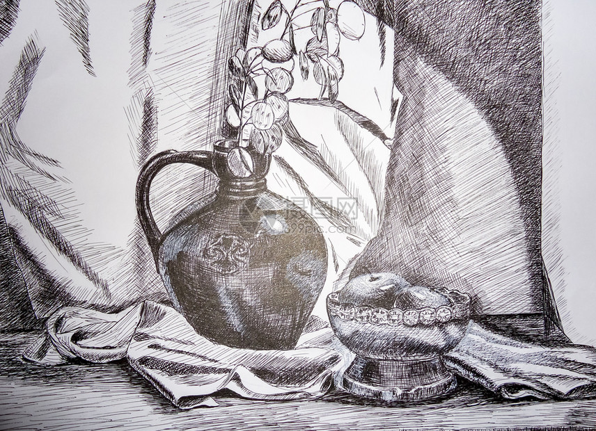 静态生命描绘的画花瓶盘子束和水果高清图片下载-正版图片306877763-