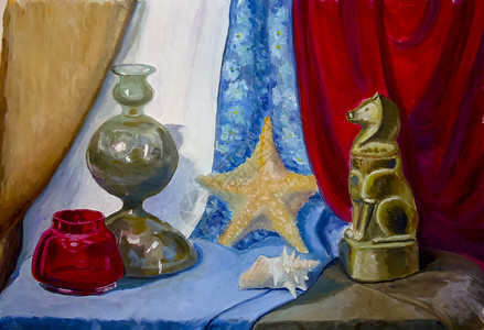复古花瓶静物画描绘静物花瓶和狗的雕像的画静物画描绘静物花瓶和狗雕像的图画背景