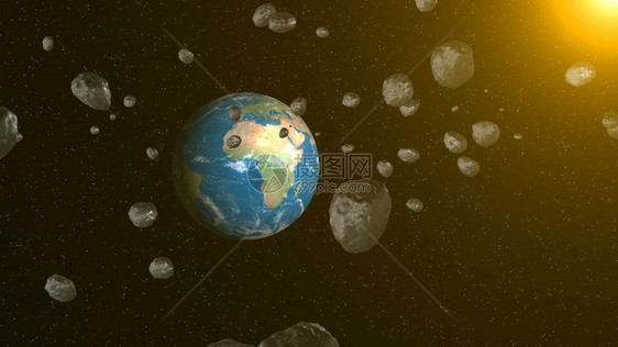 太空小行星飞向地球太空背景3D转化图片