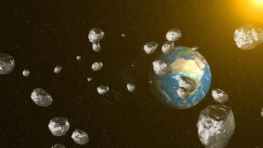 太空小行星飞向地球太空背景3D转化图片