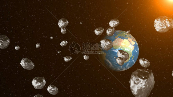 太空小行星飞向地球太空背景3D转化图片