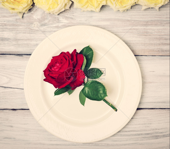 白空盘子红玫瑰在白木背景上古老的红色