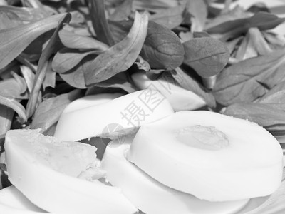 熟鸡蛋和生菜的黑白图像背景图片