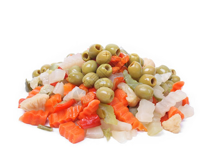 混合蔬菜俄罗斯沙拉中使用的混合蔬菜包括胡萝卜椰菜青花辣椒洋葱橄榄图片