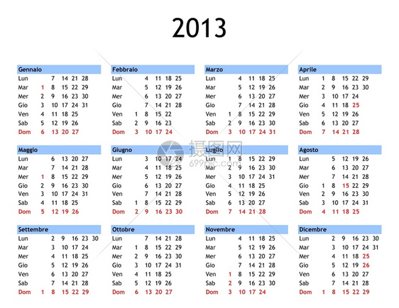 2013年日历2013年单页意大利文日历意大利公共假日和银行图片