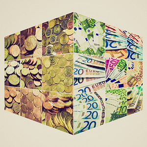 旧的反向看欧元货币的立方体有纸币和硬图片