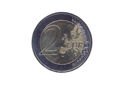 欧元硬币洲联盟的两元硬币货被白种背景孤立图片
