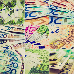 复古造型金钱拼贴复古风格的欧洲货币拼贴画与许多银行票据图片