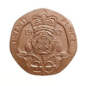 20便士硬币英国的20便士货币与白色背景隔绝图片
