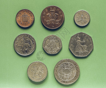 英国镑硬币货全套背景图片
