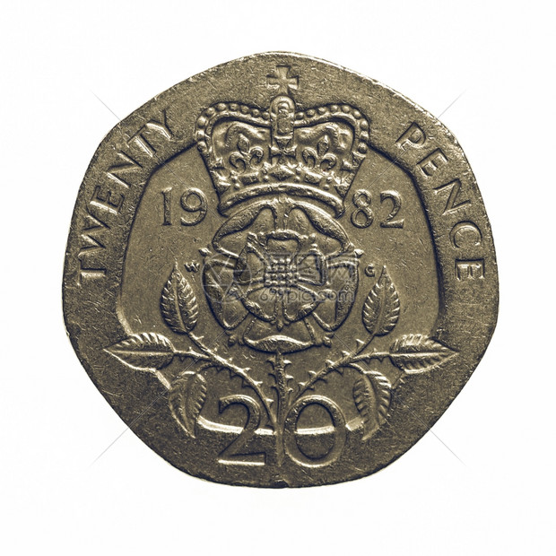 老式20便士硬币复古外观的英镑硬币20便士的英国货币背景为白色