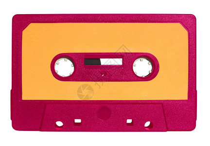 粉红色磁带用于以黄色标签和白背景隔离的模拟音频录图片