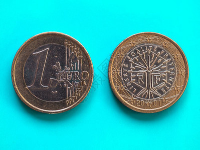 1欧元硬币洲联盟法国超过绿色蓝1欧元硬币洲联盟货法国超过绿色蓝背景图片