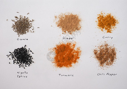许多印度和南美洲的香料粉包括姜咖喱辣椒和奈杰拉萨蒂瓦NigellaSativa图片