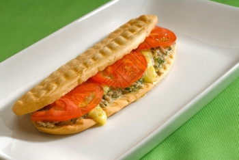 金鱼番茄和奶酪烤三明治紧贴在盘子上图片