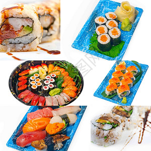 鱼子酱饭团寿司选择许多日本寿司的白边盘子拼图背景