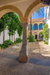 西班牙科尔多瓦市典型的安达卢西亚庭院配有花朵拱门和柱子图片