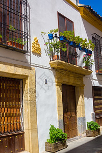 西班牙科尔多瓦市典型的法国窗户有烧烤机和装饰花图片