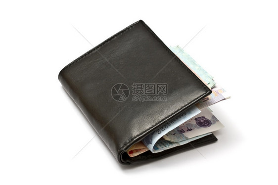 钱包和白背景上孤立的各种货币图片