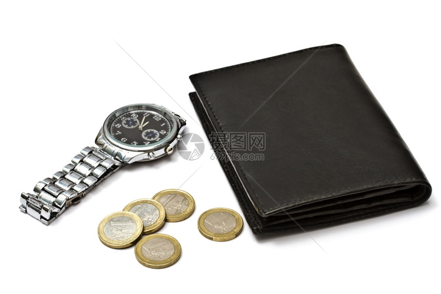 黑钱包手表和白纸上孤立的硬币图片