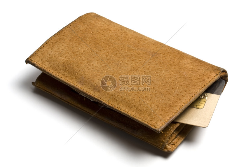 黄色皮衣钱包信用卡在白色上被孤立图片