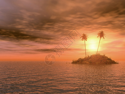 有植被和两棵棕榈树的岛屿其背景是即将到来的太阳红色下降图片