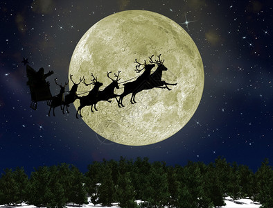 圣诞老人与鹿在雪橇上对抗月亮明新年的概念前夕图片