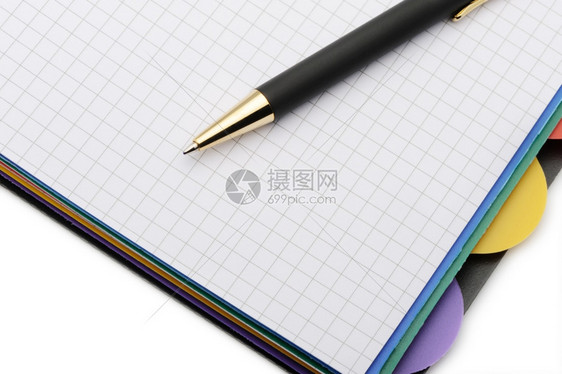 笔记本带有时装笔的组织者彩色书签它在白色背景上被孤立图片