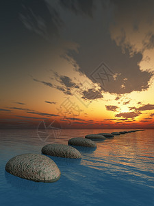 夜海中的岩石开阔海洋中的抽象桥梁从一个石子图片