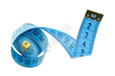 测量裁缝蓝色颜的磁带它被隔离在白色背景上图片