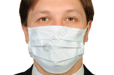 戴医疗面具的男子被隔离在白色背景上图片